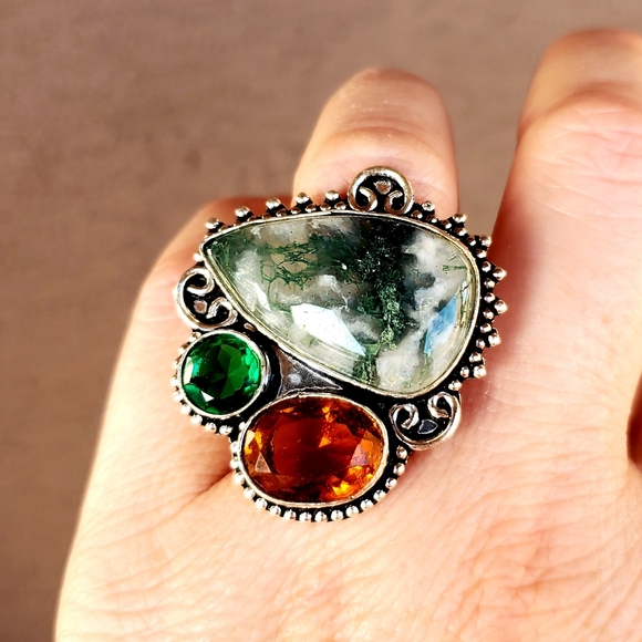 New Huge Moss Agate and Citrine 925 Silver Ring. - Picture 5 of 16